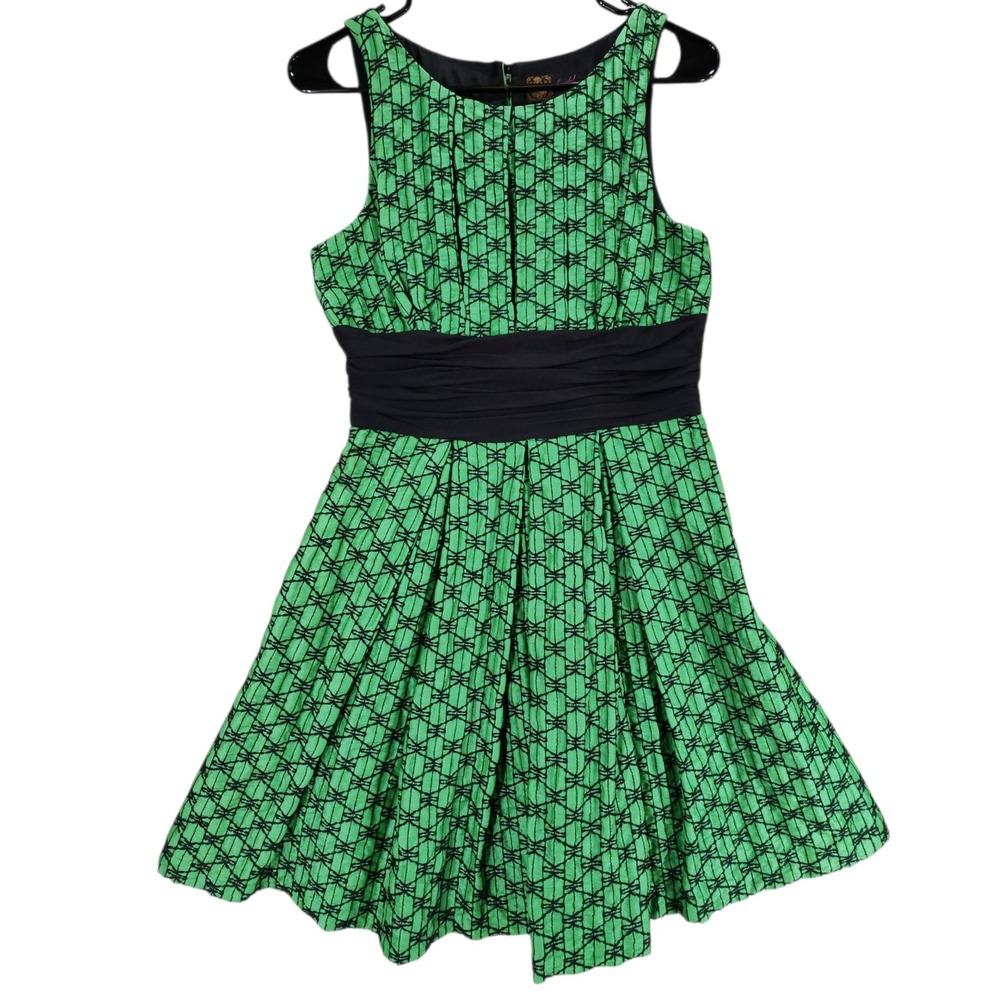 Vtg Tracy Reese‎ Swing Dress 6 Green Black Fit Flare Pleated Ruched Linen Silk